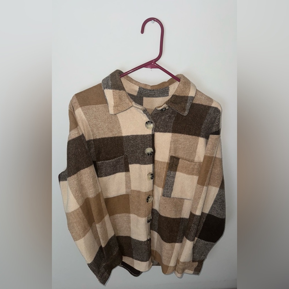 Plaid Button-Up Shirt in Brown and Cream
